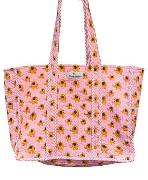 Reversible Quilted Block Printed Beach Bag - Elephants