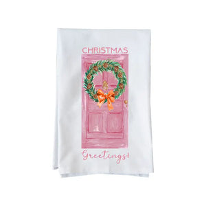 Christmas Greetings Pink Door Tea Towel