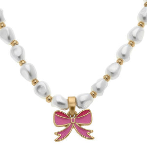 Child's Pearl and Pink Enamel Bow Necklace