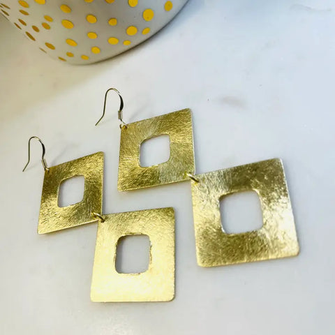 Gold Linked Thick Square Earrings