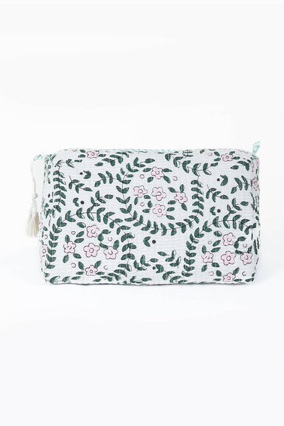 White Floral print Quilted Cotton Toiletry Bag Set