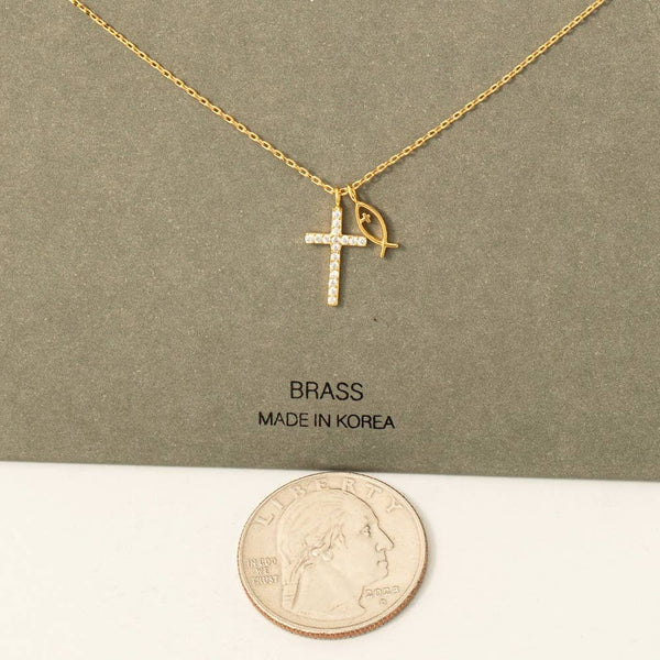 Pave Cross And Fish Charms Chain Necklace: GDCRY