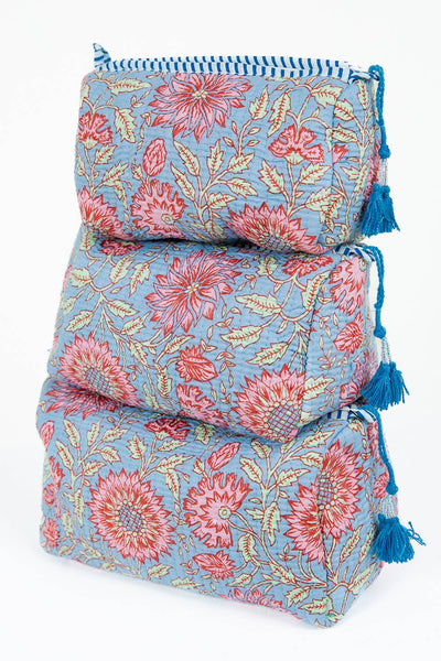 Light Blue w/  Floral print Quilted Cotton Toiletry Bag Set