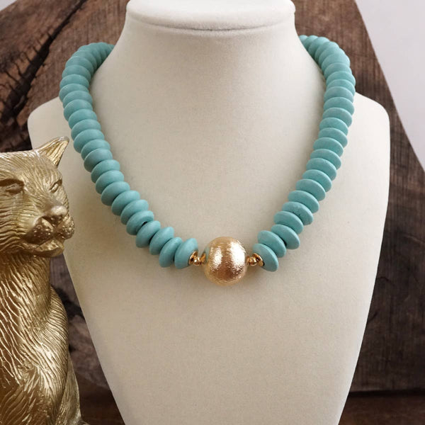 Wood Saucer Beads Short Statement Necklace Gold center Beige