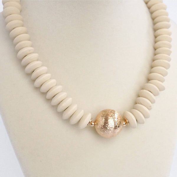Wood Saucer Beads Short Statement Necklace Gold center Beige