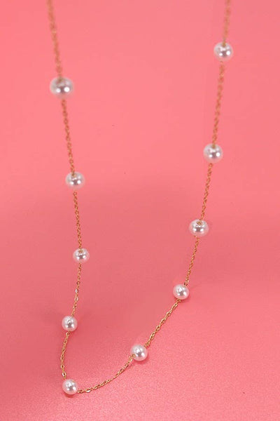 TITANIUM  STEEL NON-TARNISH PEARL STATION NECKLACE Gold