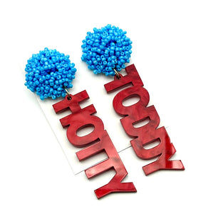 Hotty Toddy Acrylic with Bright Blue Seed Bead Cluster Earrings