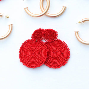 Red Beaded Drop Disc Earrings