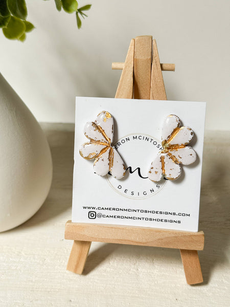 White + Gold Leaf Polymer Clay + Resin Flower Stud Earrings 