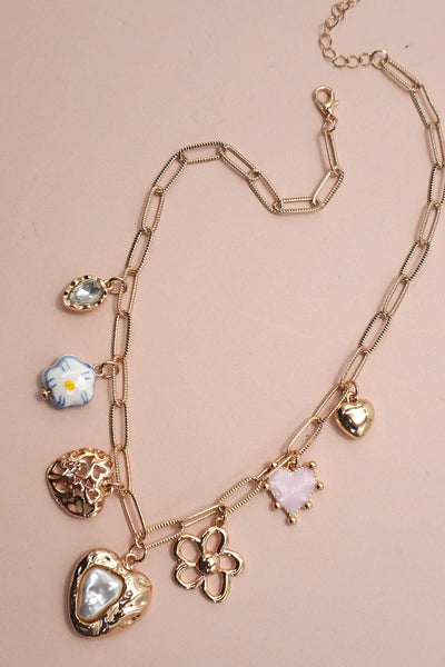CHARM NECKLACE-PORCELAIN HEART FLOWER CHARM