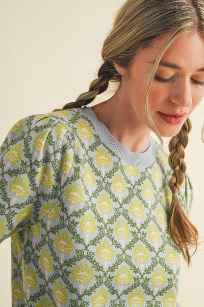 FLORAL PATTERN SHORT SLEEVE SWEATER LT BLUE SAGE MULTI