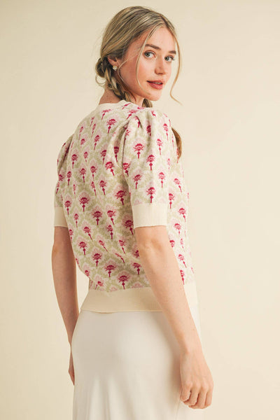 FLORAL PATTERN SHORT SLEEVE SWEATER LT BLUE SAGE MULTI
