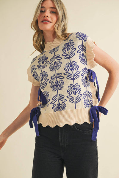 MOCK NECK FLORAL SWEATER VEST CROWN BLUE
