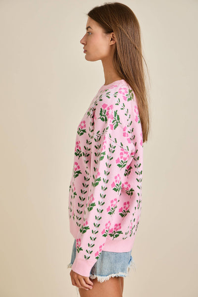 Floral Border Jacquard Sweater Knit: FLORAL PINK