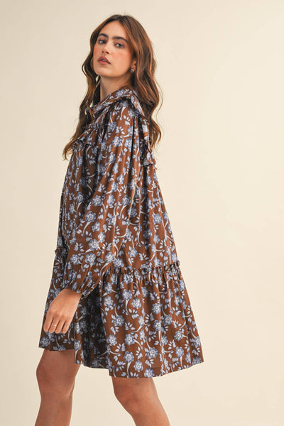 RUFFLE TRIM BUTTON DOWN MINI DRESS Deep Green Floral