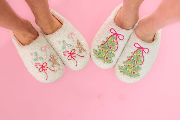 Pink Bow Christmas Tree Slippers - Adult - 4 sizes