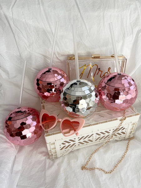 Pink Disco Ball Cup with Clear Straw