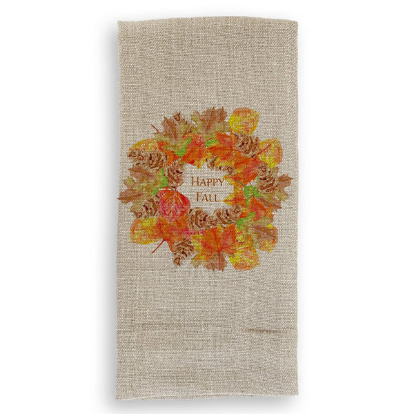 Fall Leaf Wreath with Happy Fall: Dishtowel / -