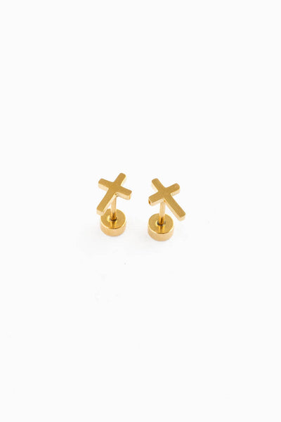Cross Stud Earrings - Hypoallergenic, Flat Back, Girl Gift: Gold / Pair