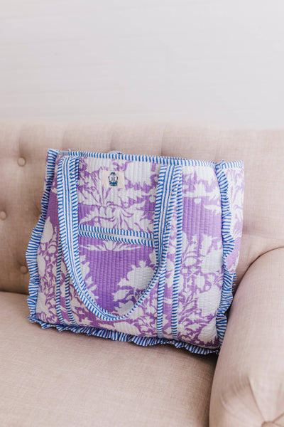 Lilac Blossoms | Large Quilted Ruffle Tote Bag