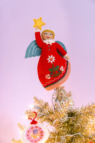 Felted Wool Mini Angel Tree Topper: Red