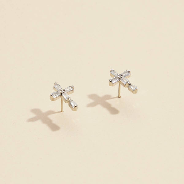 Gold and Silver Cross Stud Earrings with Crystals: White Gold