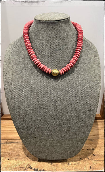 Pink Recycled Glass Short Necklace Brass Ball Pendant