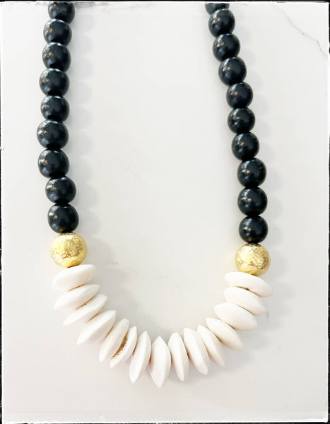Black Wood & Disk African Bone Bead Short Necklace Layering