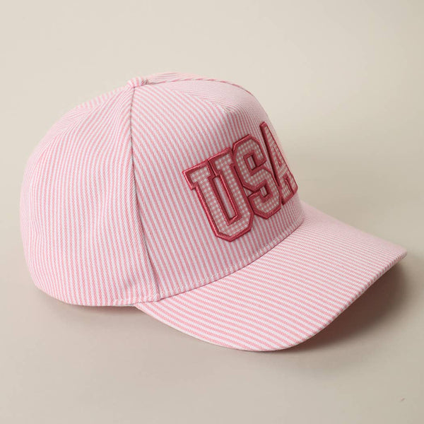 USA Embroidered Patch Gingham Stripe Trucker Hat: PINK / One Size