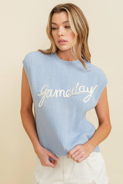'GAMEDAY" EMBROIDERED SLEEVELESS SWEATER VEST: Royal Blue