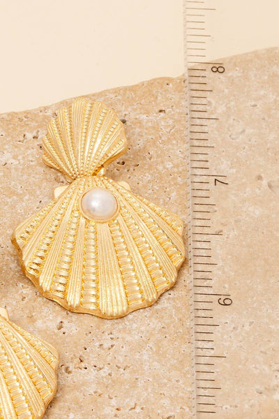 Pearl Stud Double Clam Shell Dangle Earrings: