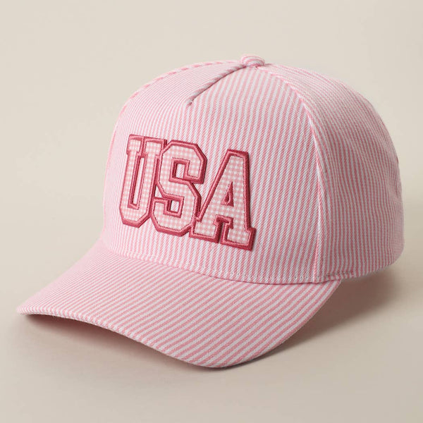 USA Embroidered Patch Gingham Stripe Trucker Hat: PINK / One Size