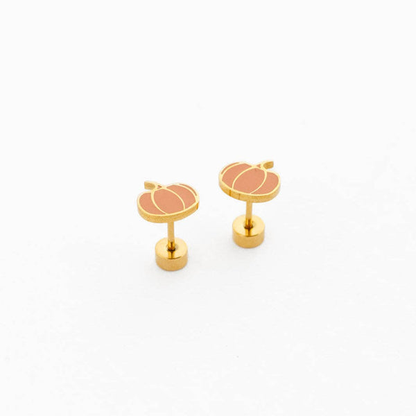 Pumpkin Stud Earrings - Hypoallergenic, Flat Back, Girl Gift: Pair