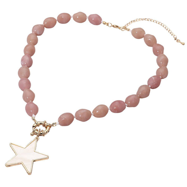 Mother of Pearl Star Pendant Marbled Pebble Beaded Necklace: Blue,Gold