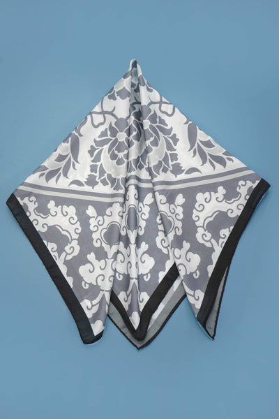 VINTAGE FLORAL PRINT SILKY FEEL BANDANA SCARF GREY