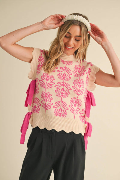 MOCK NECK FLORAL SWEATER VEST BUBBLEGUM PINK