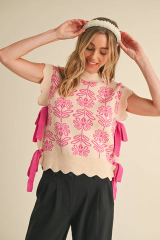 MOCK NECK FLORAL SWEATER VEST BUBBLEGUM PINK