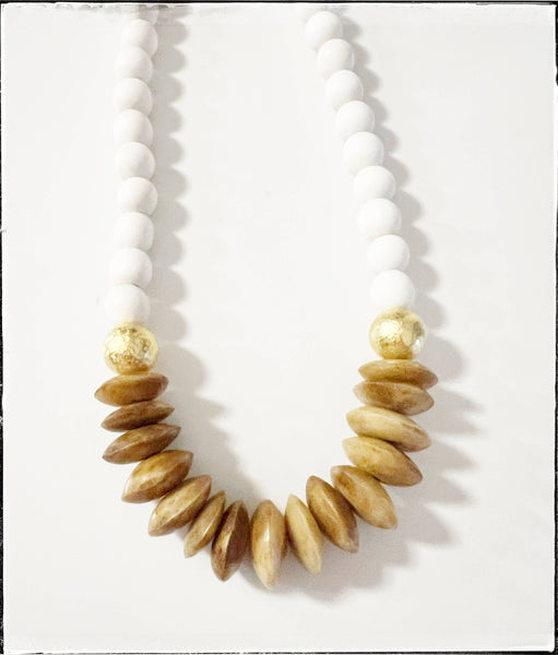 White Wood & Disk African Bone Bead Short Necklace Layering 