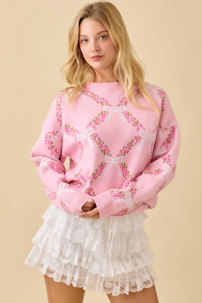 Coquette Ribbon With Floral Print Sweater Knit Top: PINK