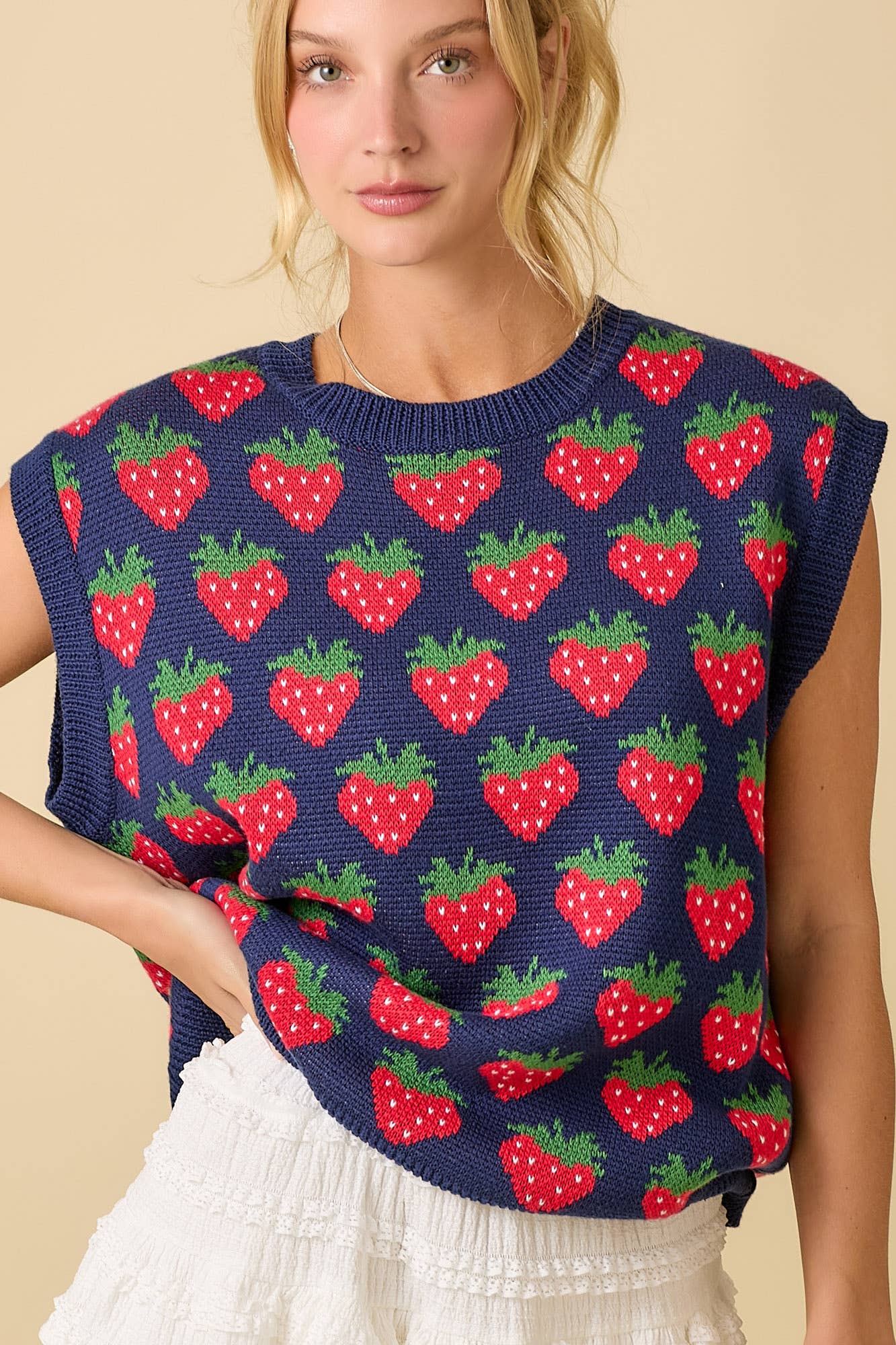 Strawberry Oversized Sleeveless Sweater Knit Top: NAVY