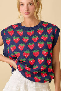 Strawberry Oversized Sleeveless Sweater Knit Top: NAVY