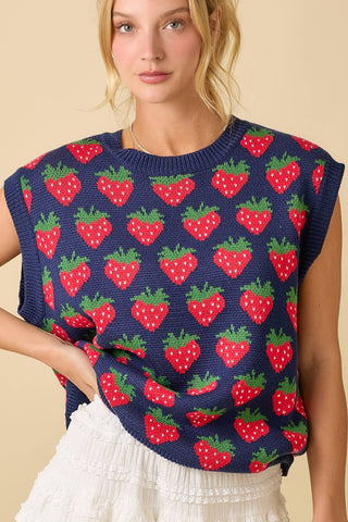 Strawberry Oversized Sleeveless Sweater Knit Top: NAVY
