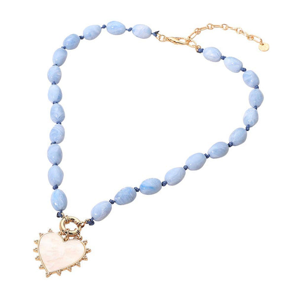 Mother of Pearl Heart Pendant Marbled Resin Oval Beaded Necklace