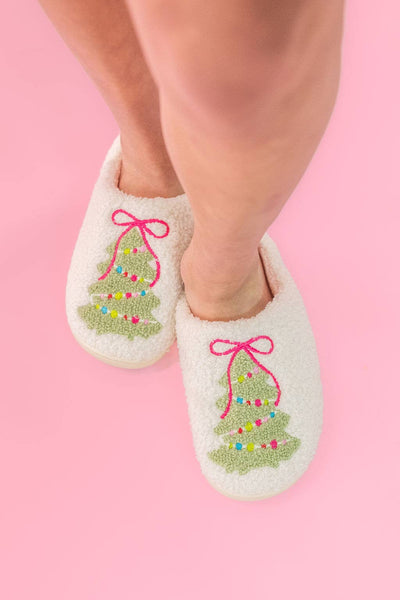 Pink Bow Christmas Tree Slippers - Adult - 4 sizes