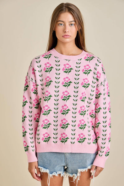 Floral Border Jacquard Sweater Knit: FLORAL PINK