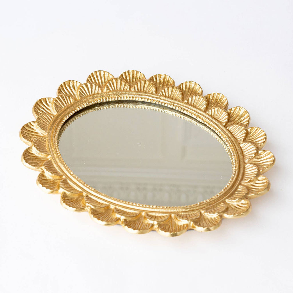 Gold Scalloped Oval Mirrored Vanity Tray - Thumbnail 2