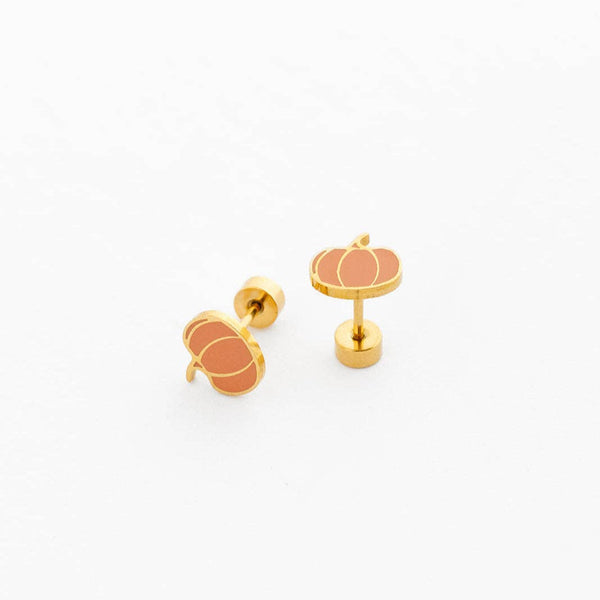 Pumpkin Stud Earrings - Hypoallergenic, Flat Back, Girl Gift: Pair
