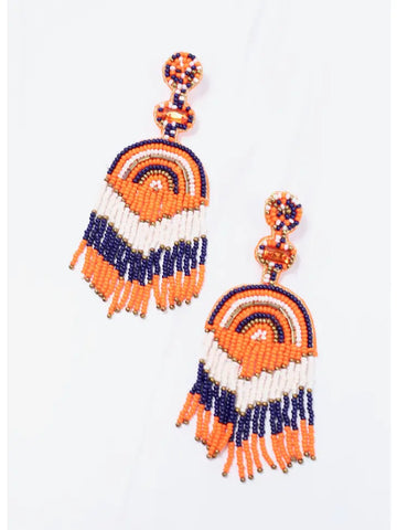 Beaded Fringe Drop Earring Orange and Navy