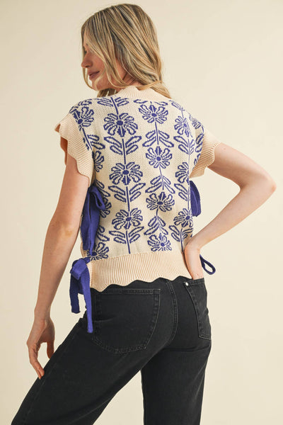 MOCK NECK FLORAL SWEATER VEST CROWN BLUE