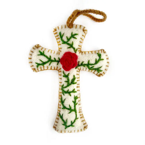 Cross with Rose Embroidered Wool Ornament